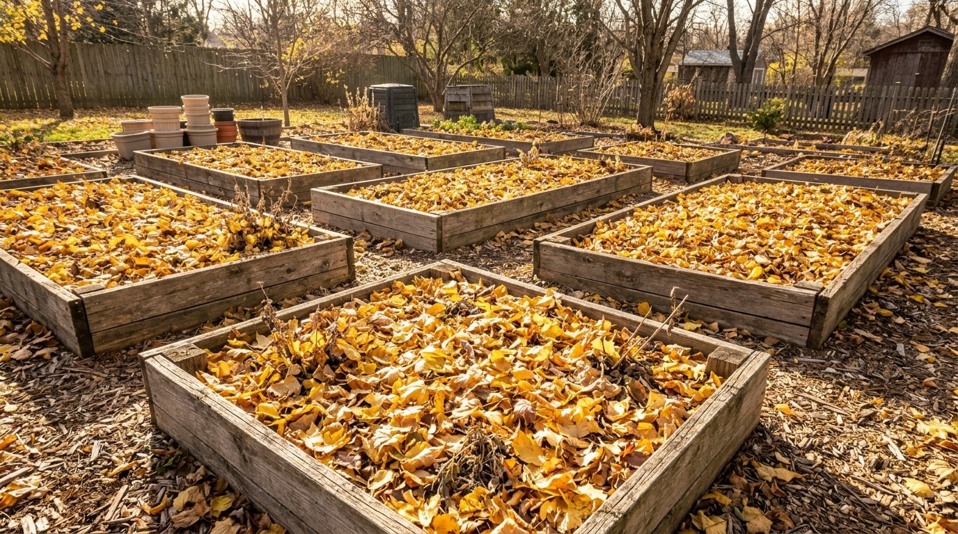 Uses for fallen leaves: raised vegetable beds covered with a thick layer of golden fallen leaves