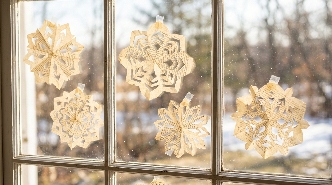Paper snowflakes cut from old book pages hung on a window