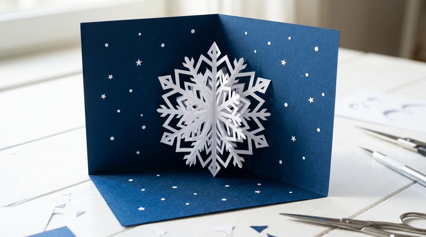 Handmade card with a white pop up kirigami snowflake opening from blue cardstock