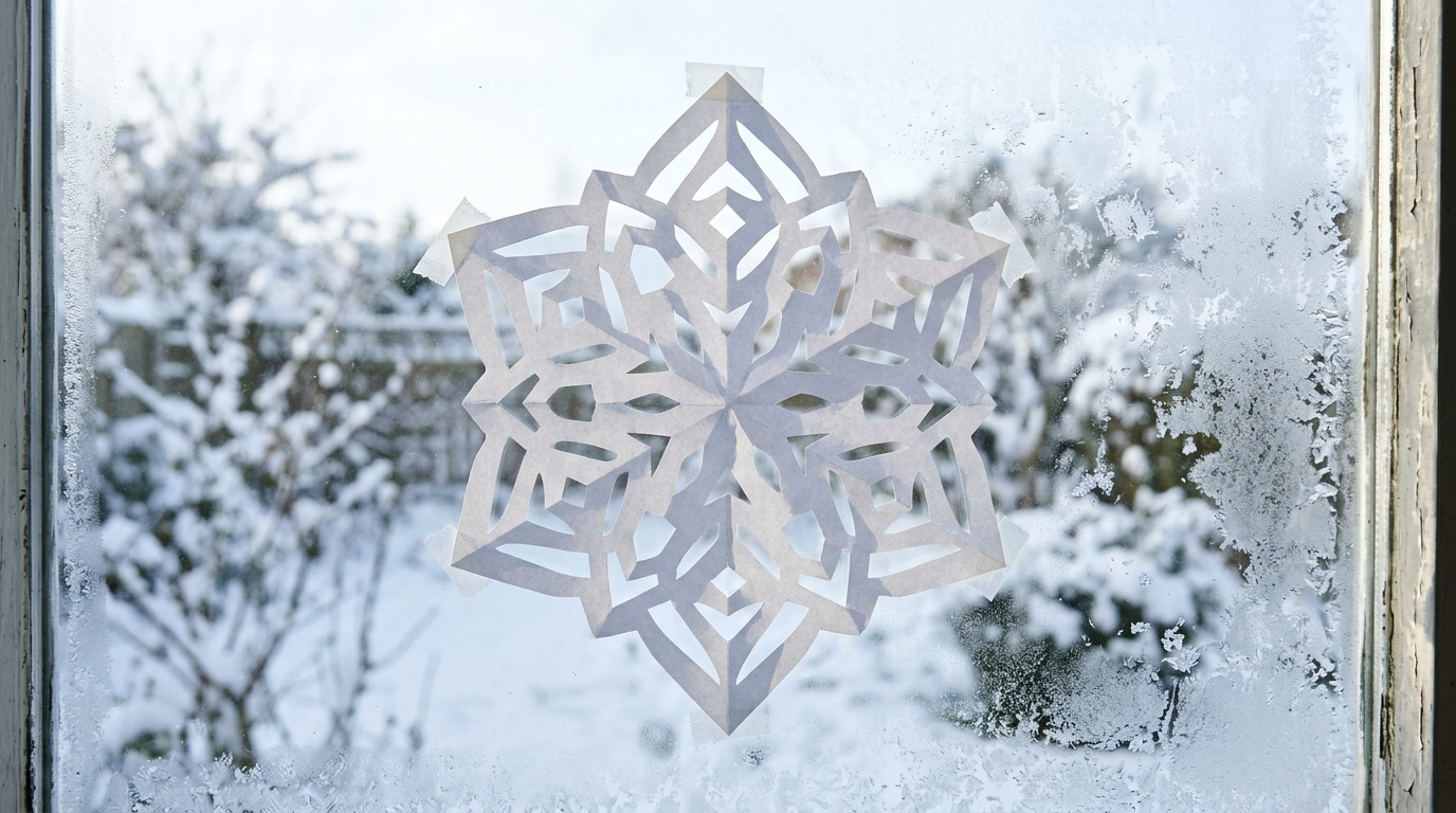 Classic six point white paper snowflake taped to a frosty window