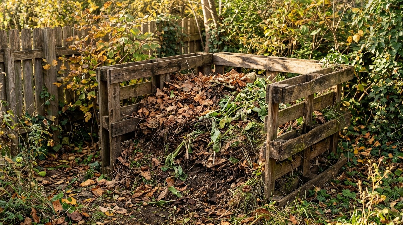 Open pallet compost bin layered with brown leaves and green clippings