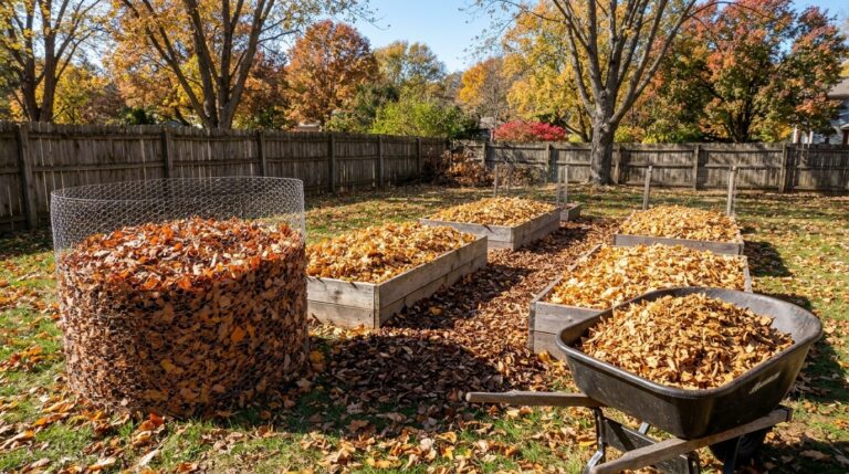 Uses for fallen leaves in a backyard: a wire leaf bin, leaf covered raised beds, a leaf path and a wheelbarrow