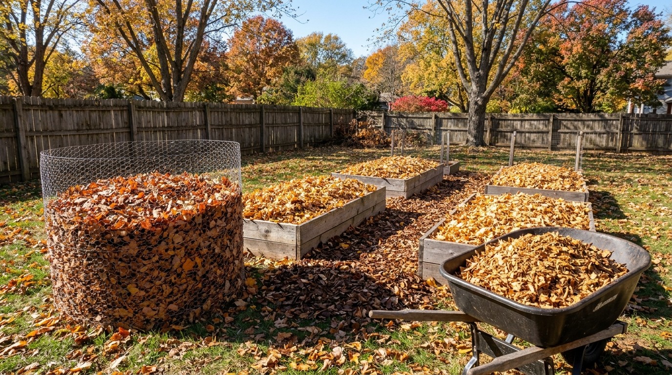 Uses for fallen leaves in a backyard: a wire leaf bin, leaf covered raised beds, a leaf path and a wheelbarrow