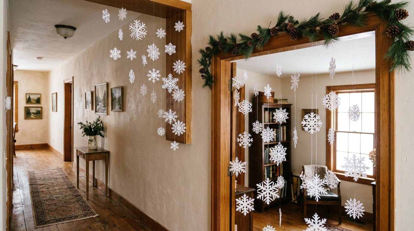 Doorway curtain of paper snowflakes hanging on long threads at different heights