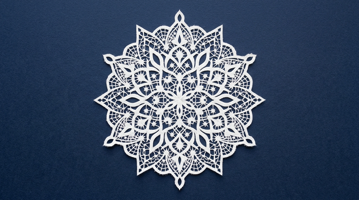 Very lacy white paper snowflake with fine doily like cutouts on dark blue paper
