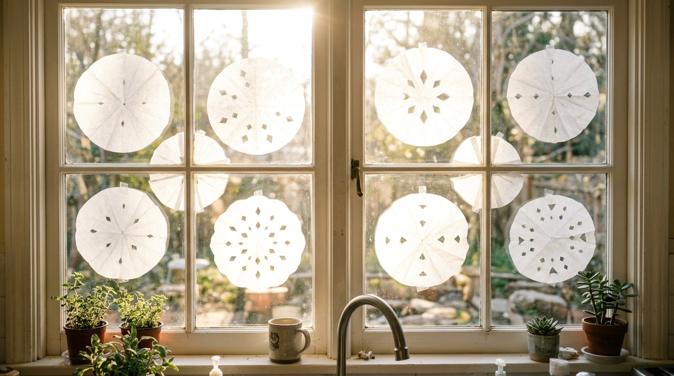 Soft white paper snowflakes made from coffee filters taped to a sunny window