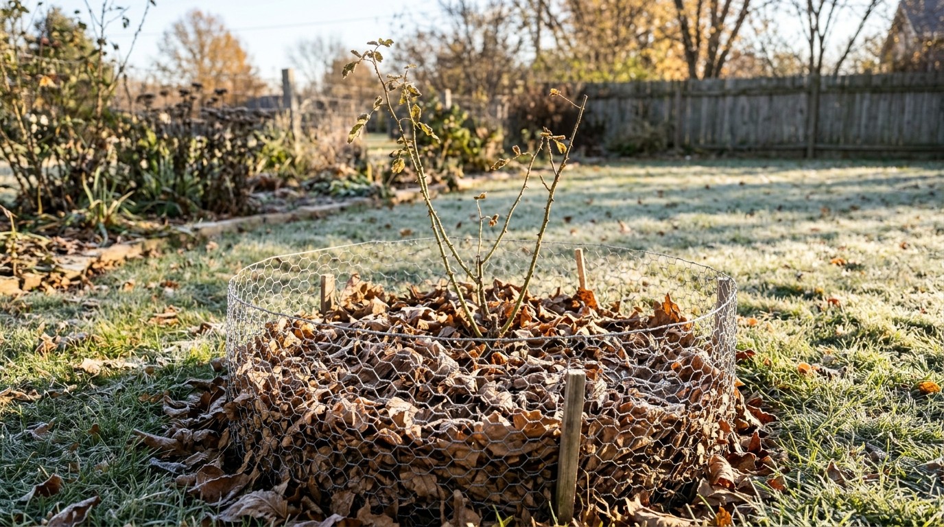 Young rose bush with a mound of dry leaves inside a chicken wire ring on frosty grass