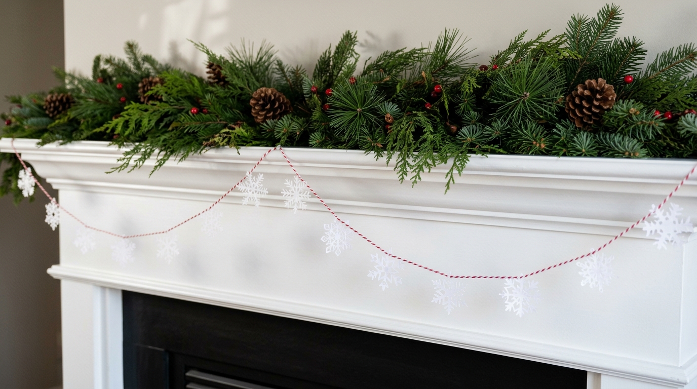 Garland of white paper snowflakes strung on baker's twine across a mantel