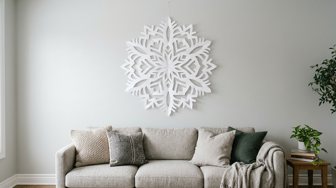 Giant white paper snowflake cut from poster board hanging on a living room wall