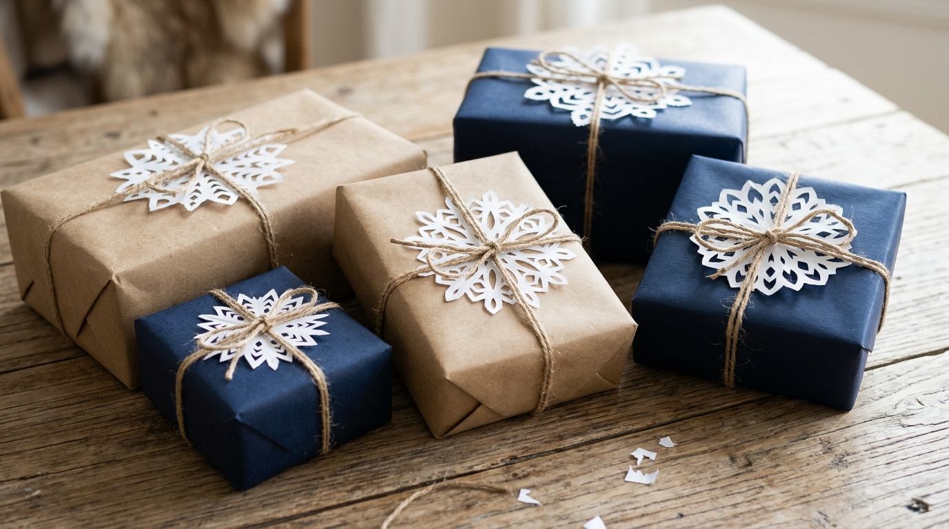 Paper snowflake ideas used as gift toppers on kraft paper wrapped presents with twine