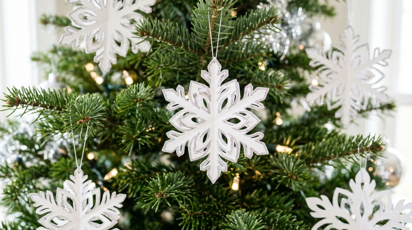 Paper snowflake ornaments with silver glitter edges hanging on a green tree