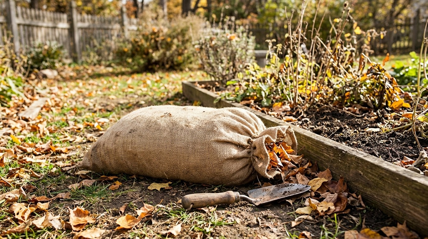Burlap sack stuffed with leaves used as a kneeling pad beside a garden bed