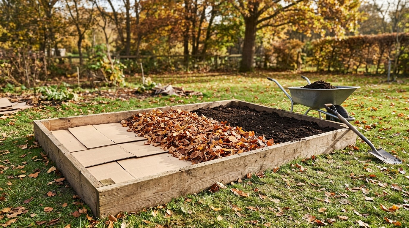 New lasagna garden bed built with cardboard, fallen leaves and compost layers