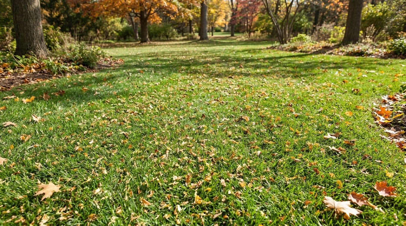 Green lawn with small chopped leaf pieces left after mowing