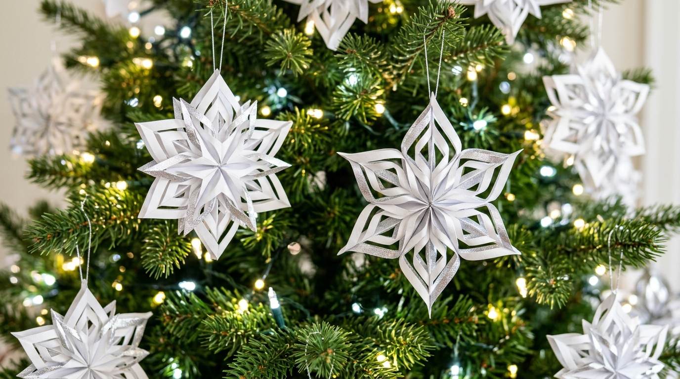 Paper snowflake ideas of 3D layered white paper snowflake ornaments hanging on a Christmas tree