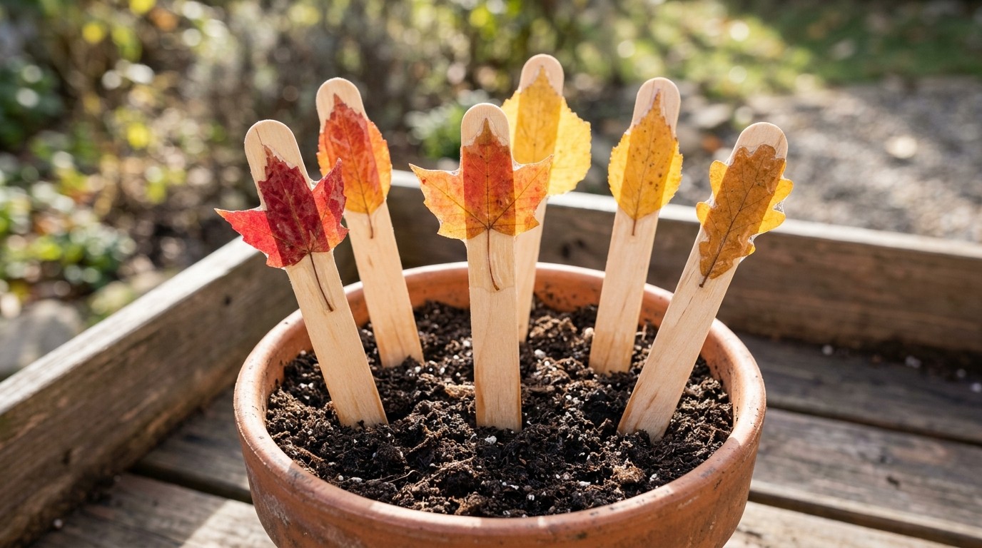 Pressed red and yellow leaves on craft sticks used as garden markers in a pot