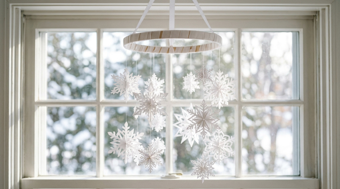 Embroidery hoop mobile with paper snowflakes hanging on threads at different lengths