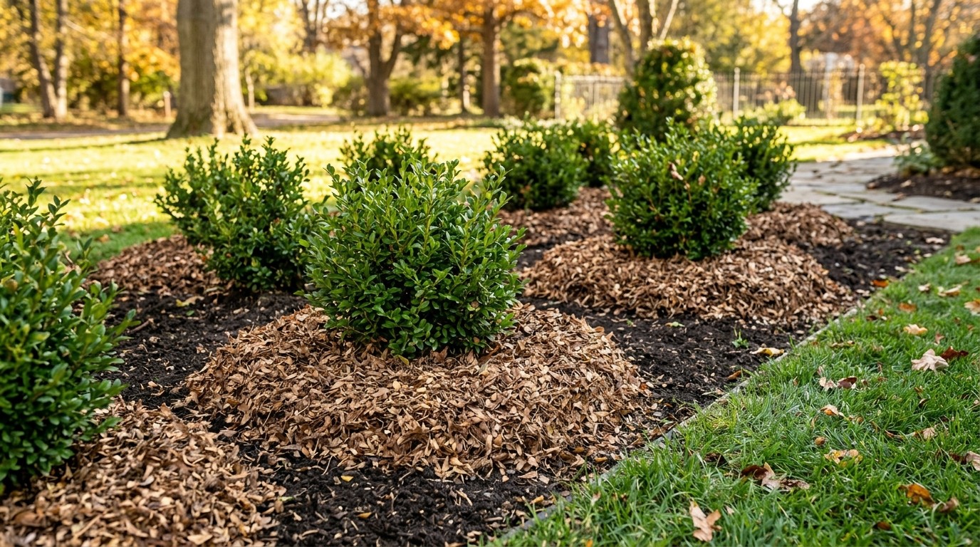 Ring of shredded brown leaves used as mulch around green shrubs