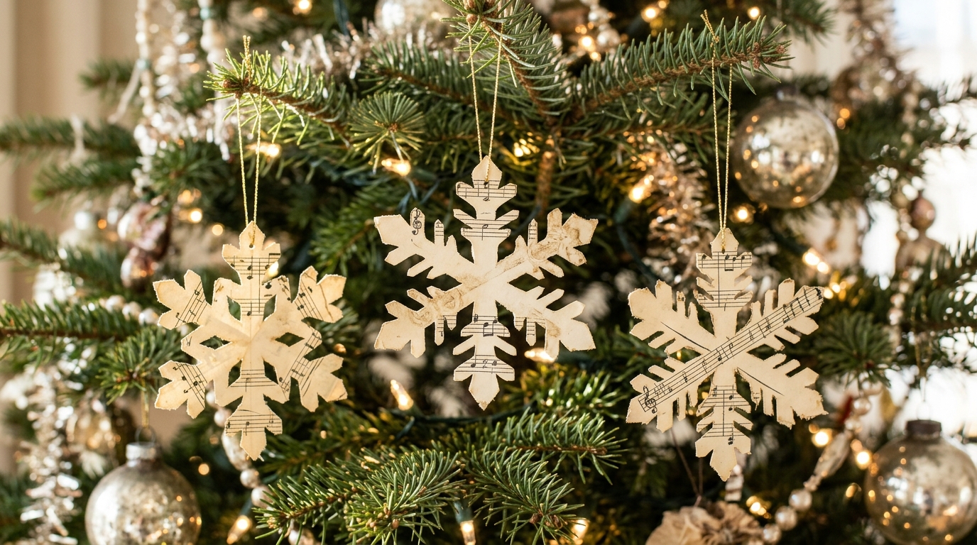 Paper snowflake ideas cut from old sheet music hanging on a vintage style Christmas tree
