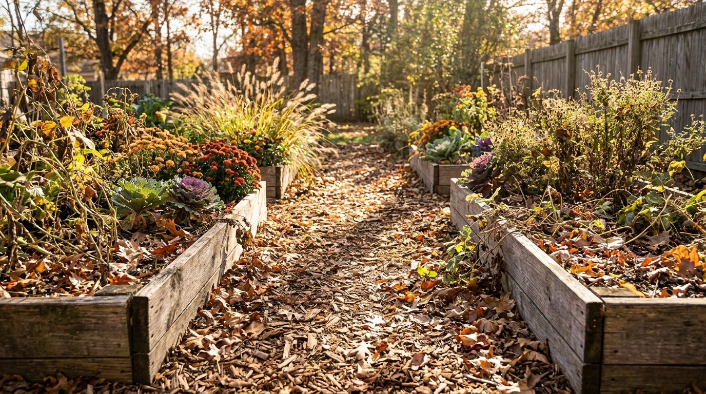 Garden path between wooden raised beds covered with brown leaf mulch