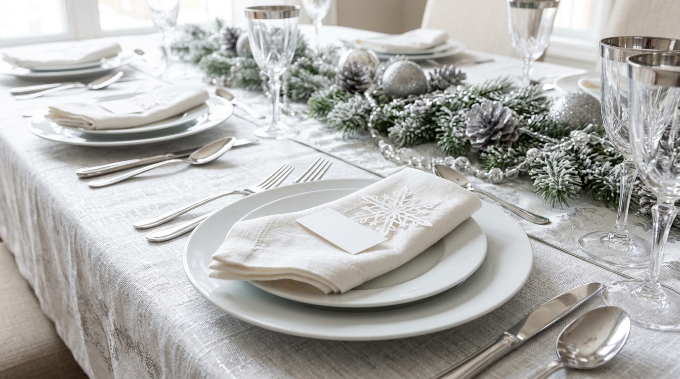 Paper snowflake place cards on white plates at a winter holiday table