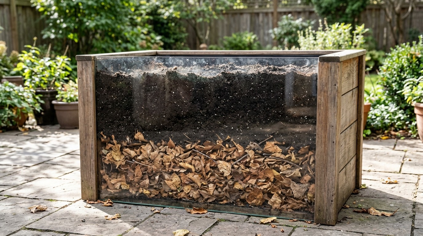 Cut away view of a big planter with dry leaves at the bottom and soil on top