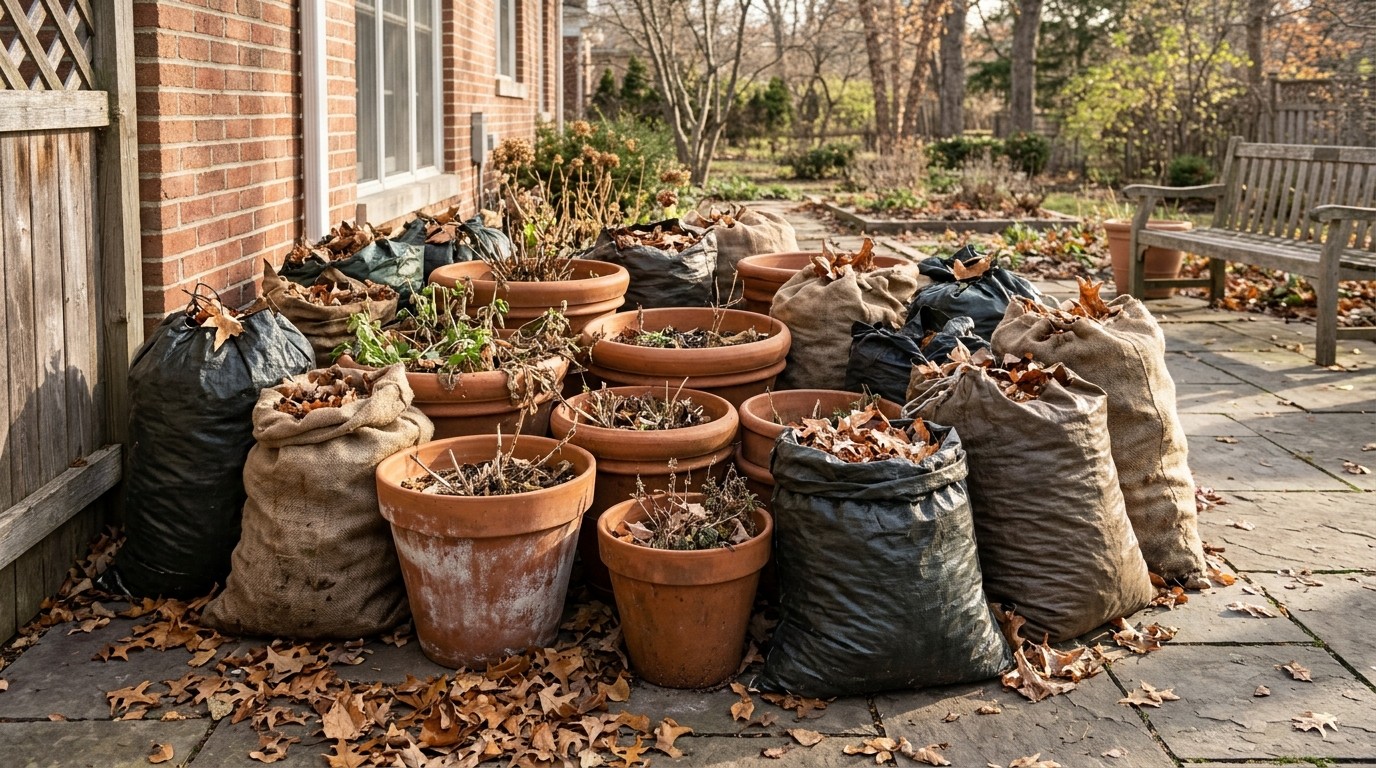 Uses for fallen leaves on a patio: terracotta pots packed with leaf bags for warmth