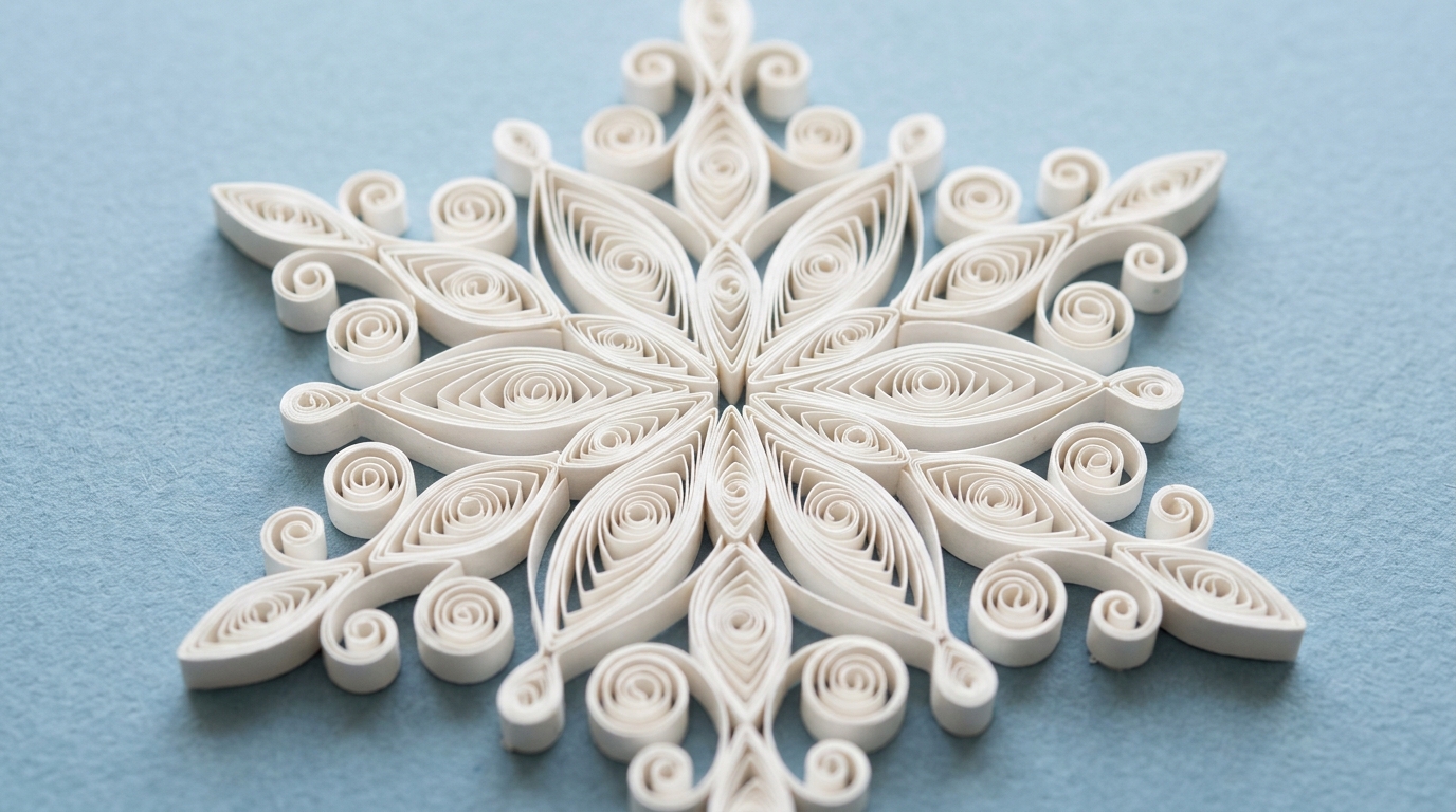 Delicate white quilled paper snowflake made from rolled paper strips on a blue background