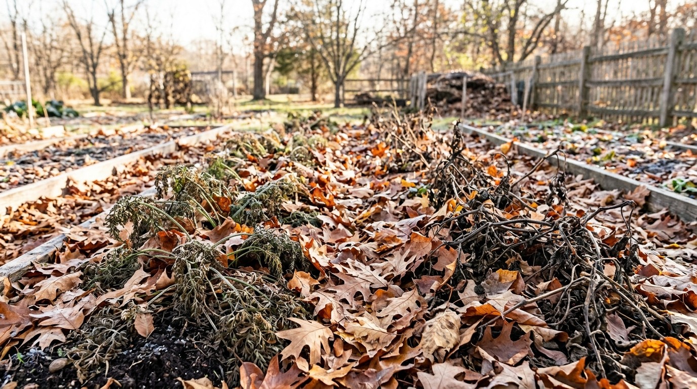 Garden row of carrots and potatoes covered with a thick layer of dry leaves