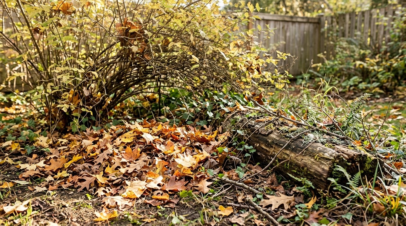 Loose pile of fallen leaves under a bush near a log in a garden corner
