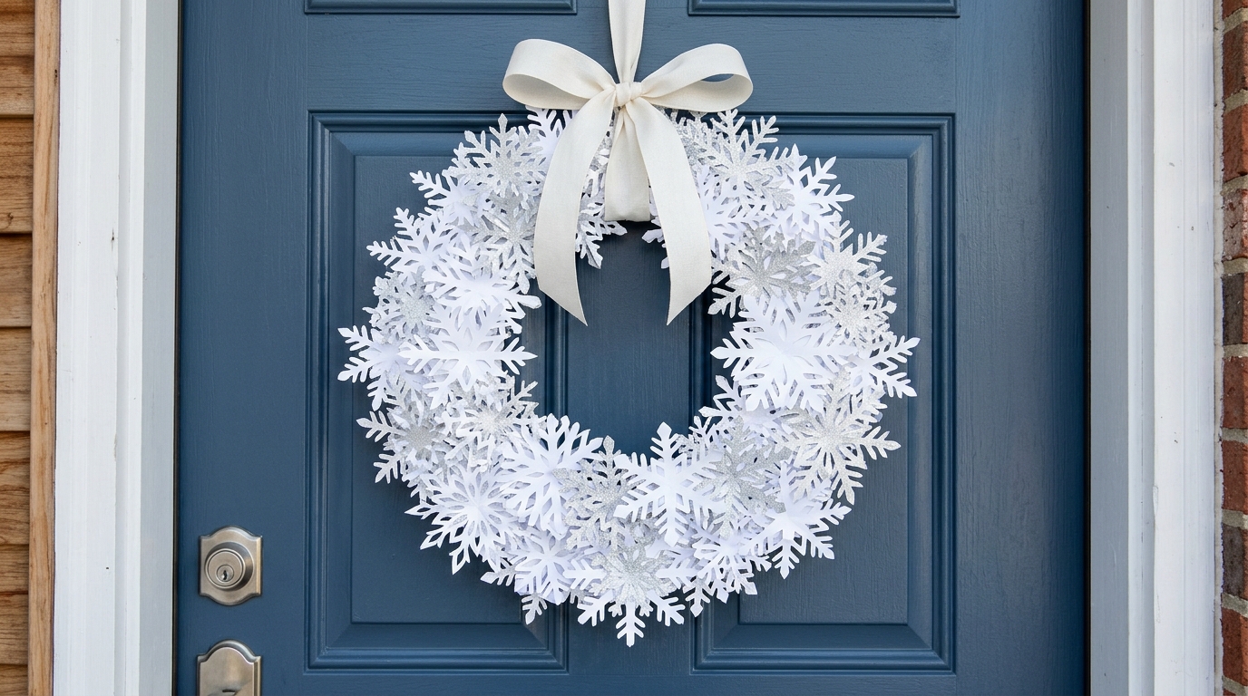 Paper snowflake ideas made into a white wreath of overlapping snowflakes on a blue front door