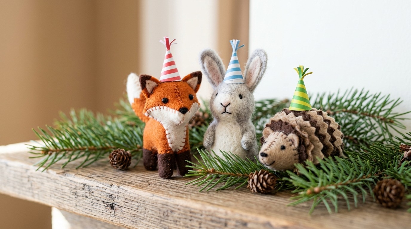Whimsical Christmas decor of felt fox, rabbit and hedgehog in tiny party hats on a mantel