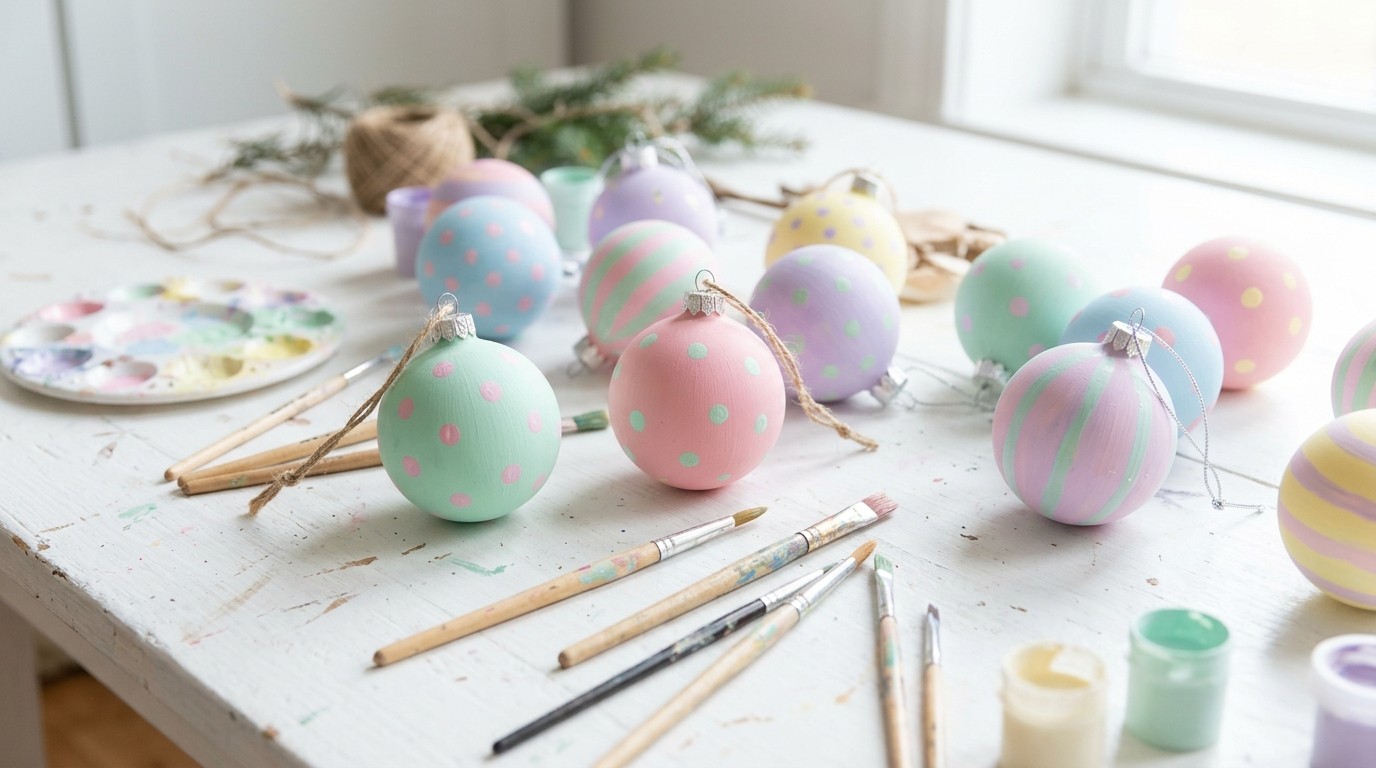 Whimsical Christmas decor baubles hand painted with polka dots and stripes on a table