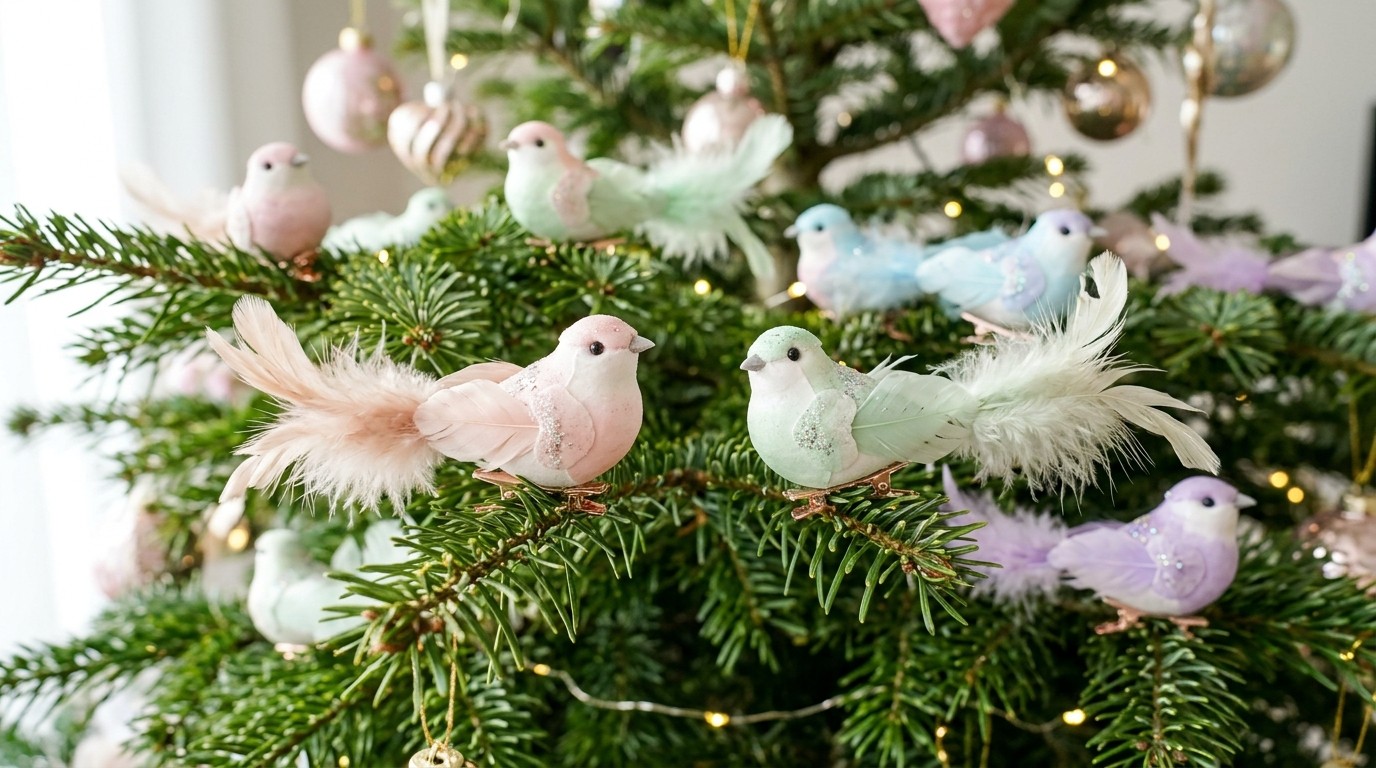 Small pastel feathered ornament birds clipped onto green Christmas branches