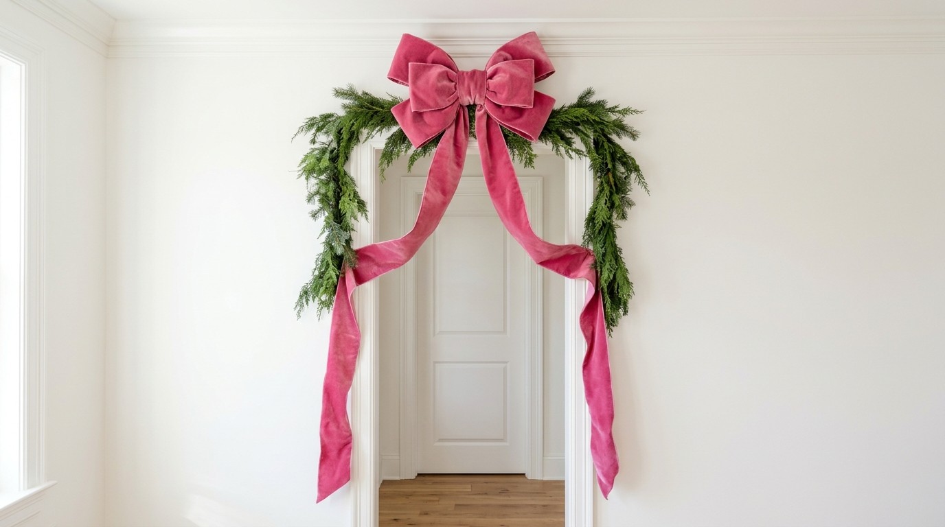 Oversized pink velvet bow with long tails above a white doorway with garland