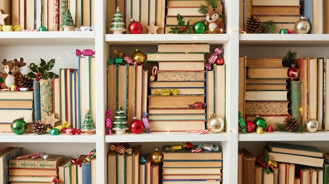 Colorful wrapped candies tucked into gaps on white bookshelves with ornaments