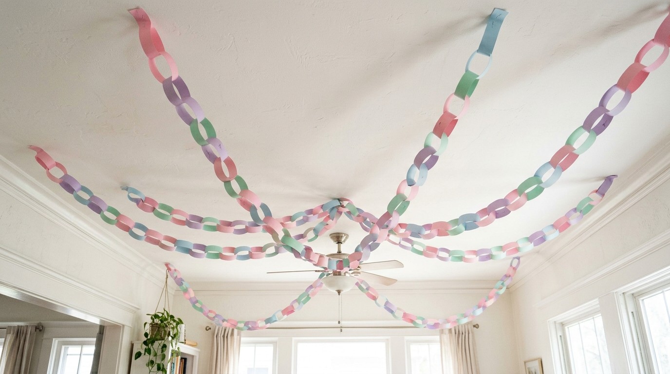 Pastel paper chains in pink, lilac, mint and blue looped across a white ceiling