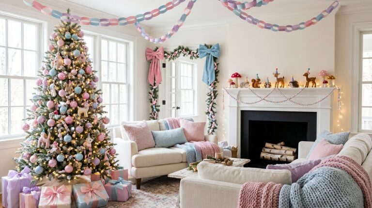 Whimsical Christmas decor in a pastel living room with paper chains, velvet bows and felt animals on the mantel