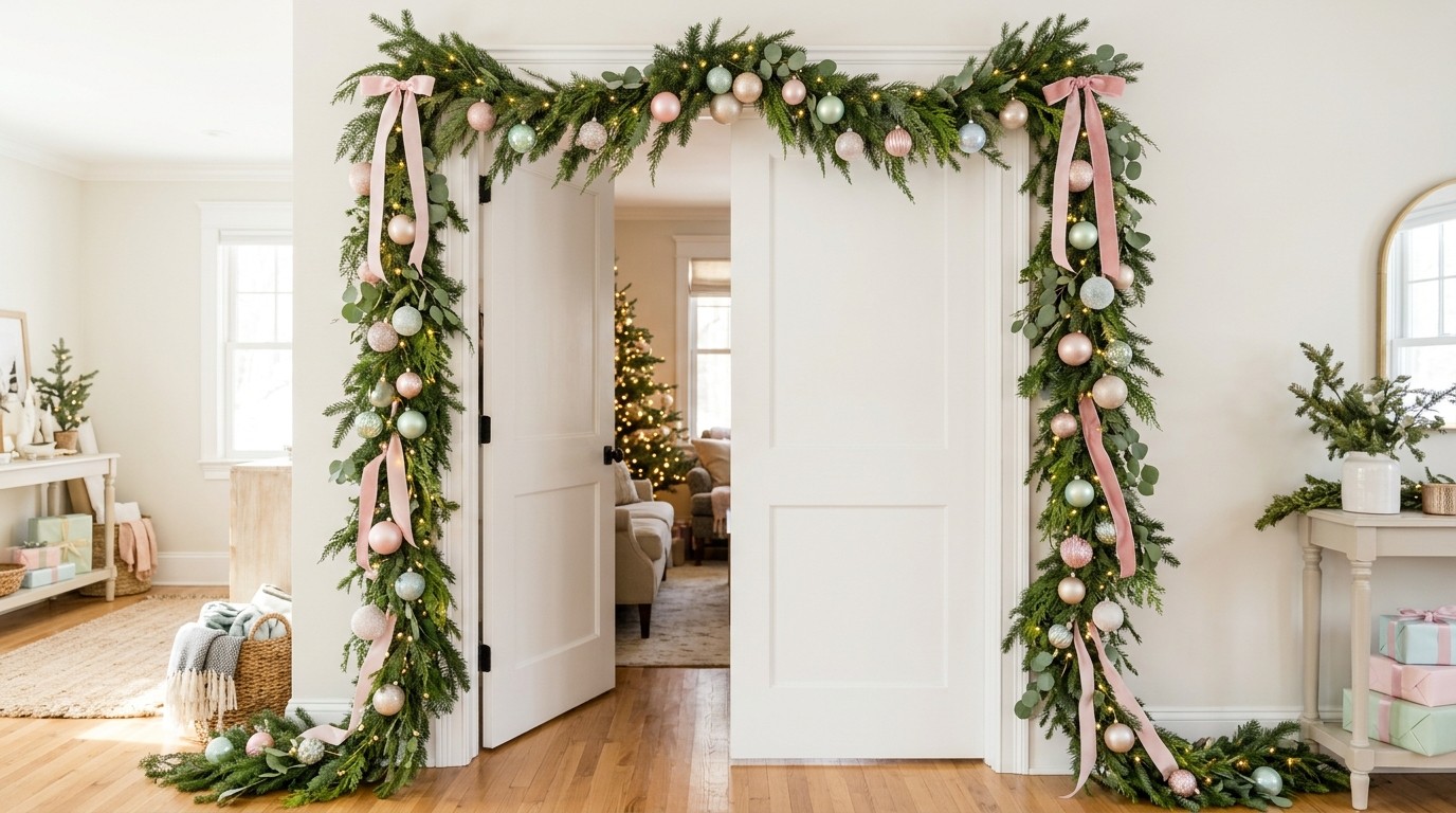 Green garland with pastel ornaments and pink ribbon framing a white doorway