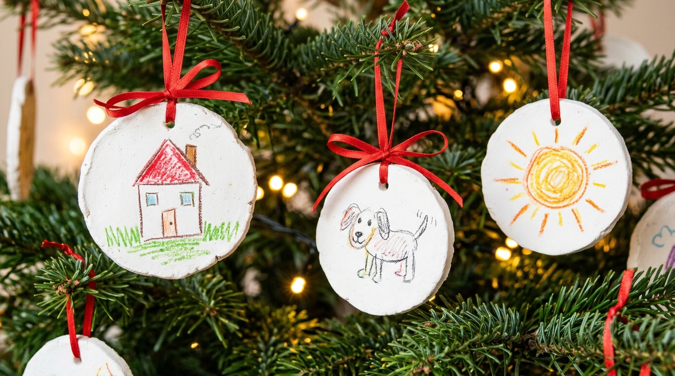 Personalized Christmas ornaments with kids drawings on white clay discs