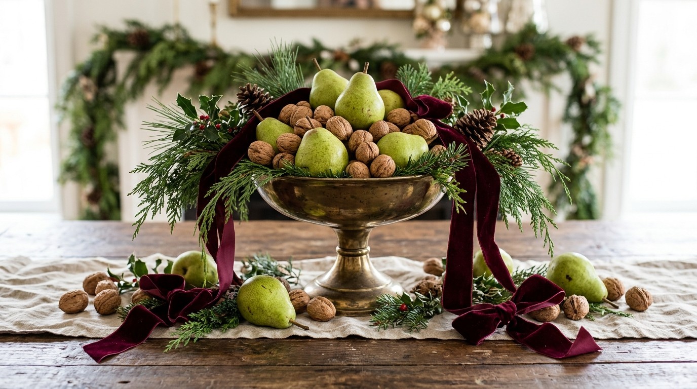 Footed bowl of green pears and walnuts with greenery and velvet ribbon
