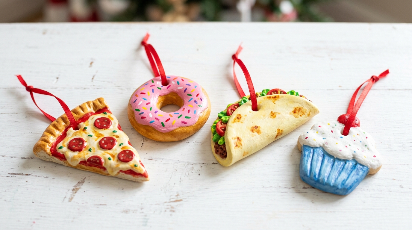Personalized Christmas ornaments made from salt dough pizza, donut, taco and cupcake