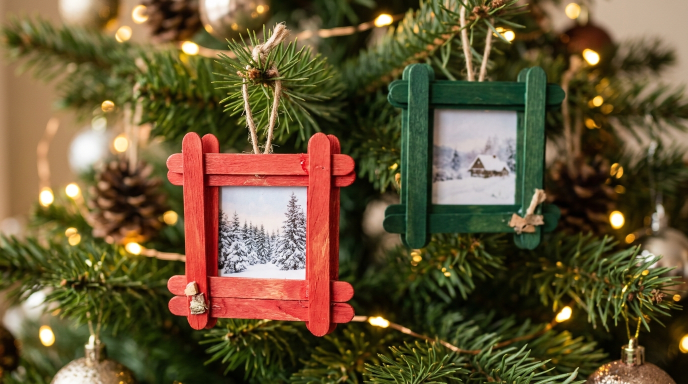 Personalized Christmas ornaments made from craft stick photo frames