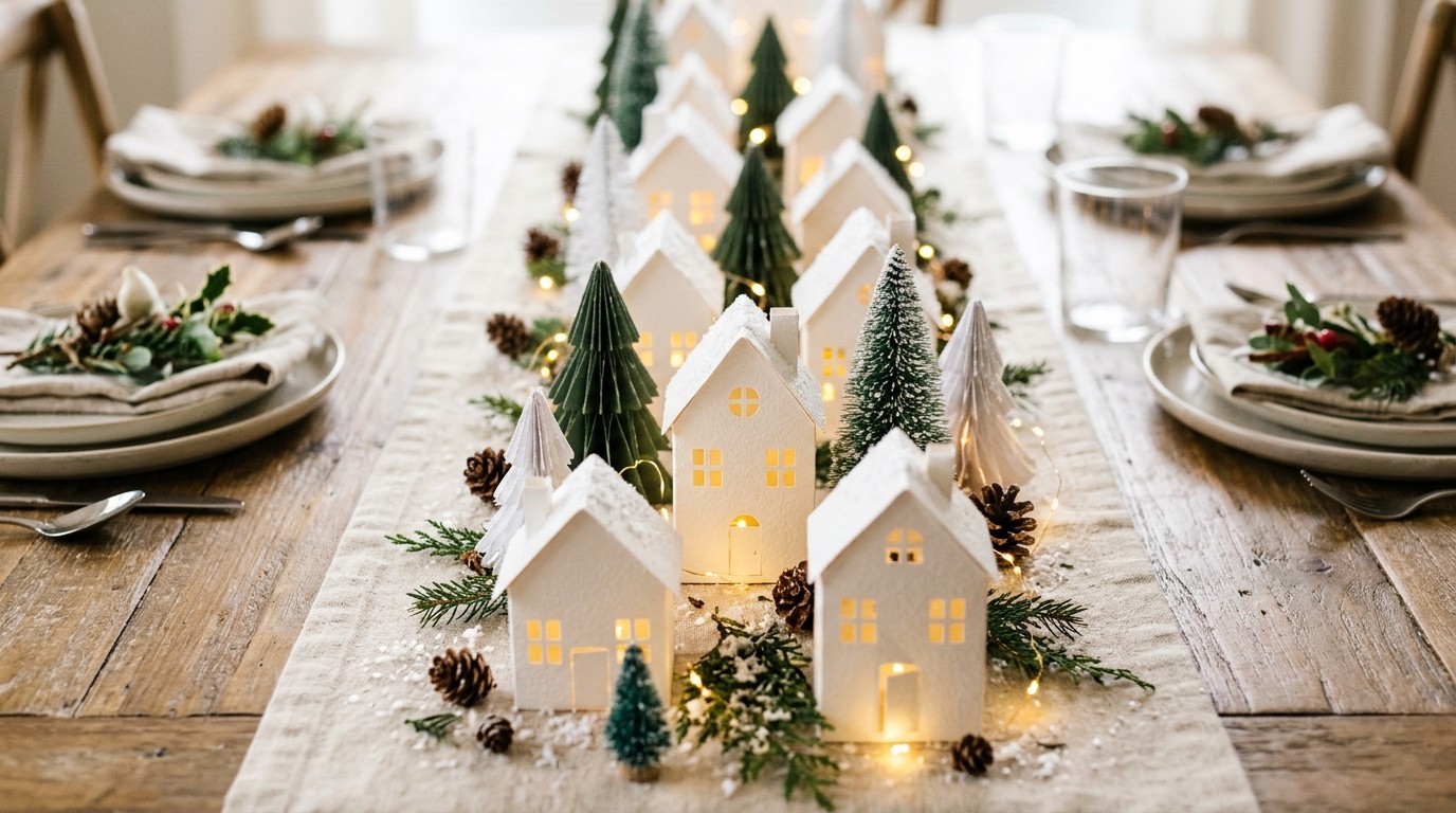 Whimsical Christmas decor of tiny white paper houses and trees down a dining table
