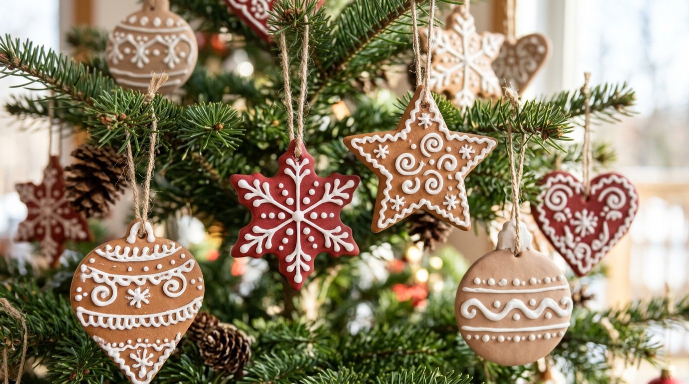 Christmas ornaments decorated with white puffy icing style swirls and dots on a tree