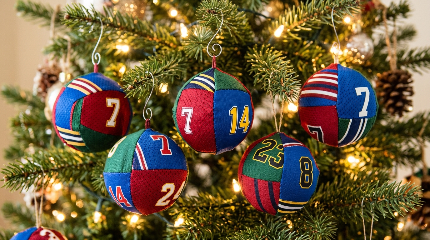 Fabric ornaments made from sports jersey pieces