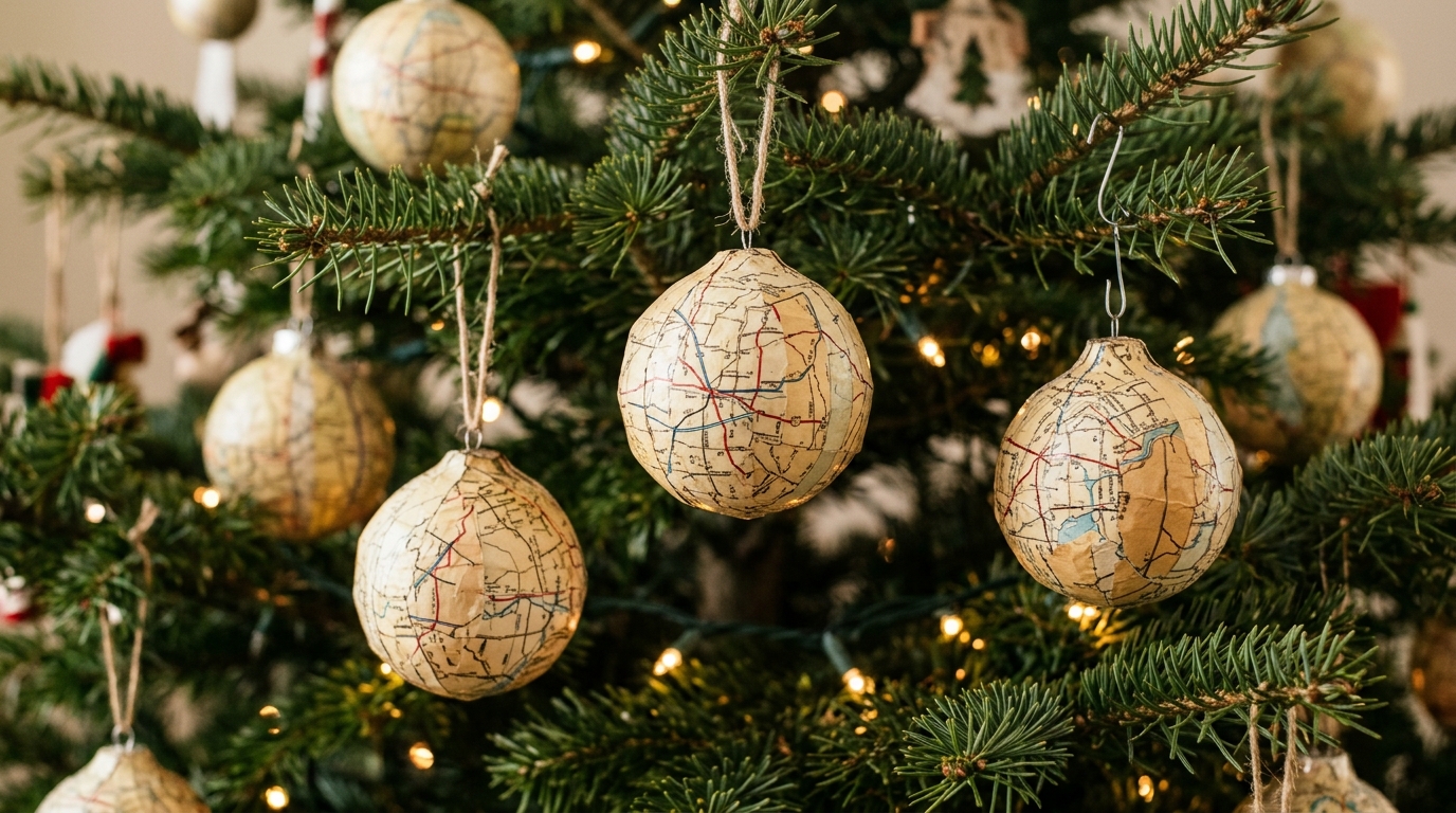 Personalized Christmas ornaments covered in old road maps