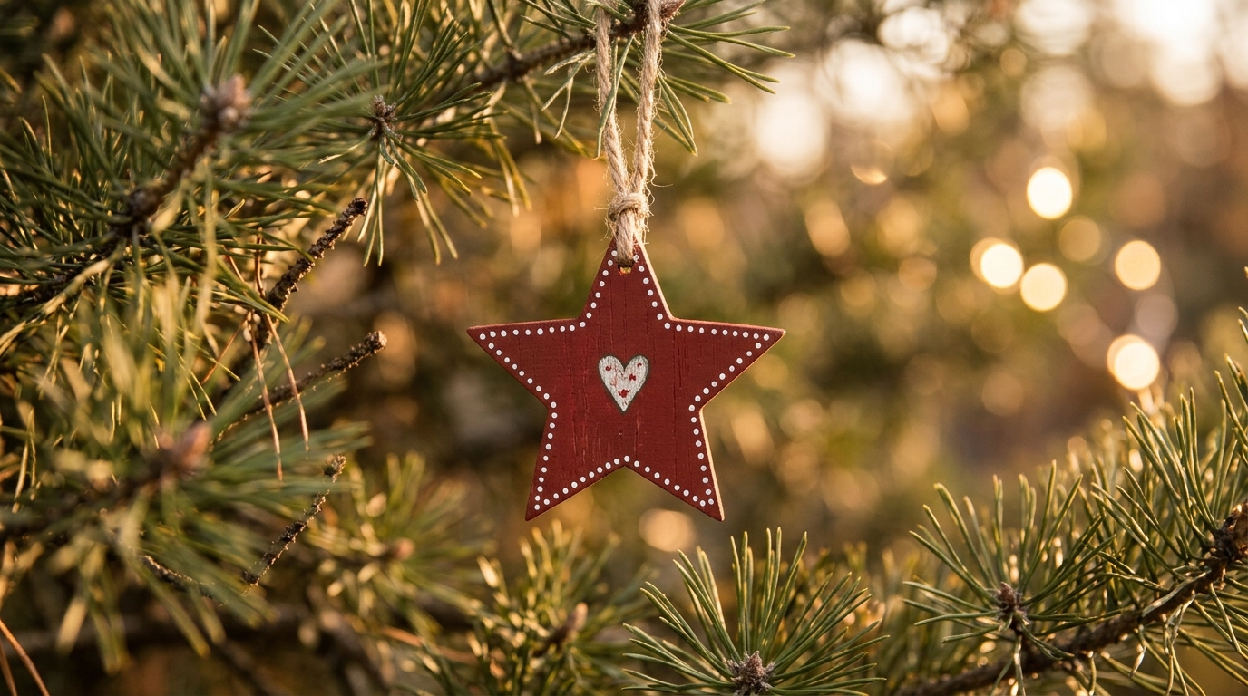 Red painted wooden star ornament with a white heart