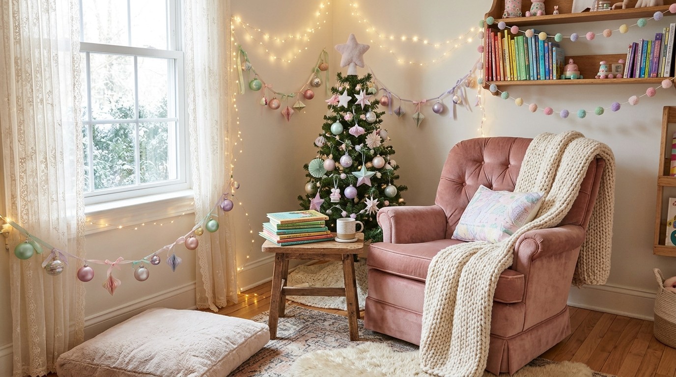 Cozy reading nook with a velvet armchair, picture books and LED fairy lights