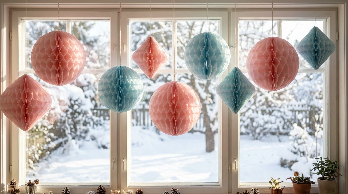 Whimsical Christmas decor of giant pink and pale blue folded paper honeycomb ornaments in a snowy window